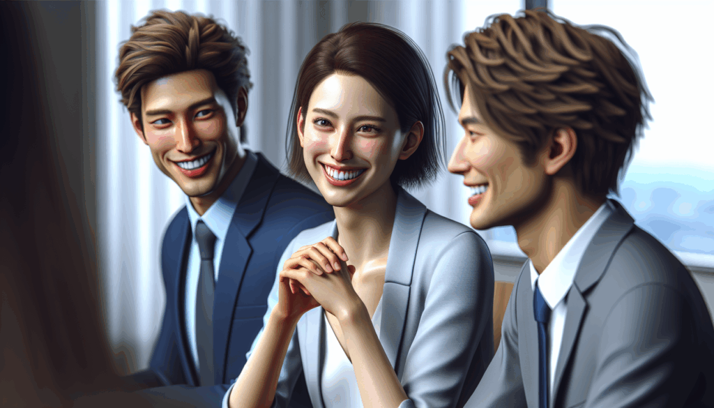 日本の会議室で笑顔で談笑する会社員の男女3名