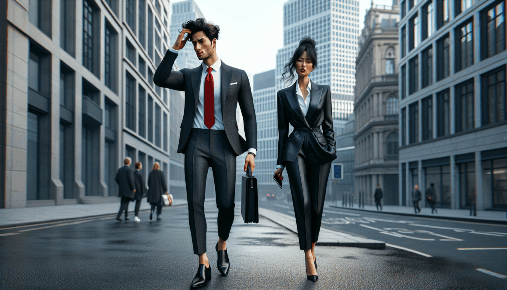 スーツ姿で都会を歩く男女