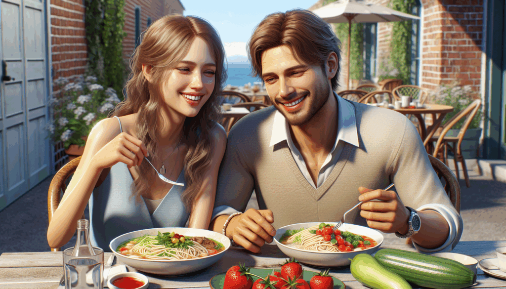 笑顔で食事をしている男女