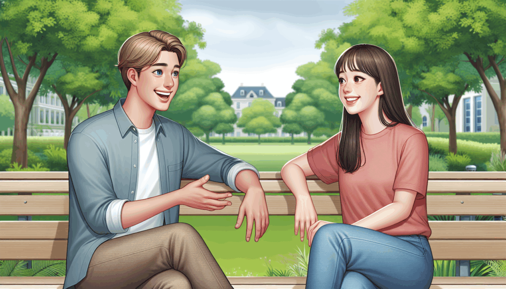 公園のベンチでリラックスした表情で談笑する男女