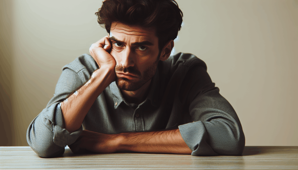 テーブルに頬杖をつき、不機嫌そうに座っている男性