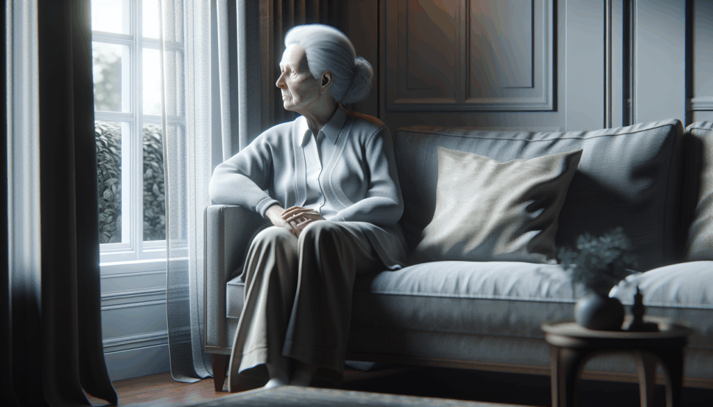 窓辺のソファに腰掛け、不安そうに外を眺める老人
