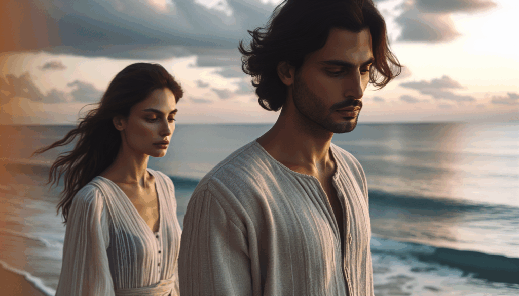 穏やかな表情で海岸を散歩する男女