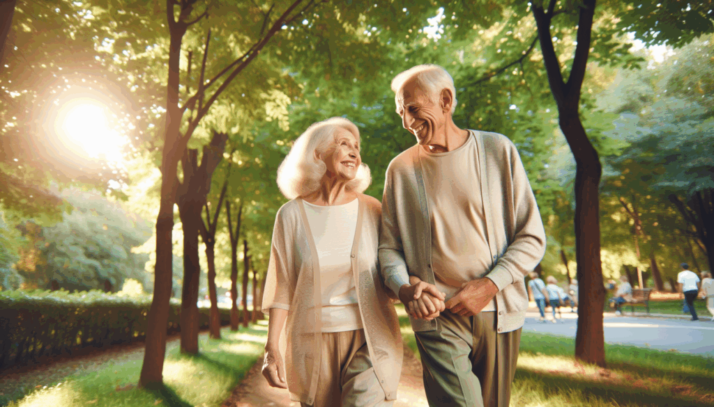 笑顔で公園を歩く老夫婦