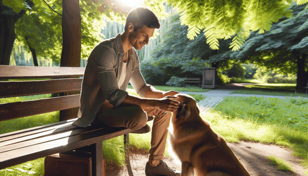 公園のベンチに座り、犬を撫でる男性