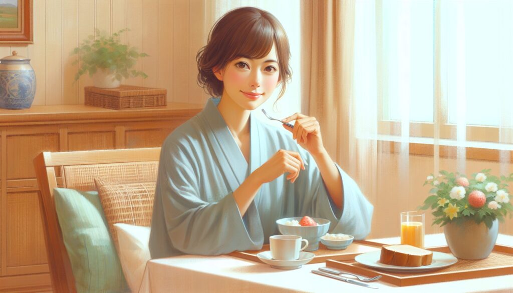 穏やかな表情で朝食をとる女性。落ち着いたインテリアの室内。