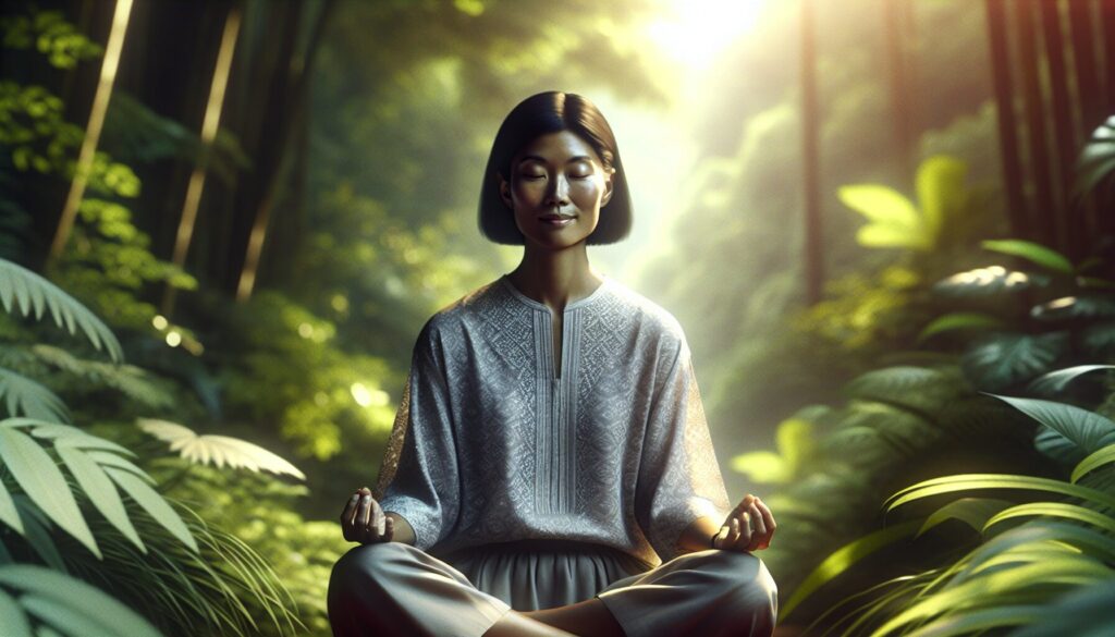 自然の中で、穏やかな表情で瞑想する女性