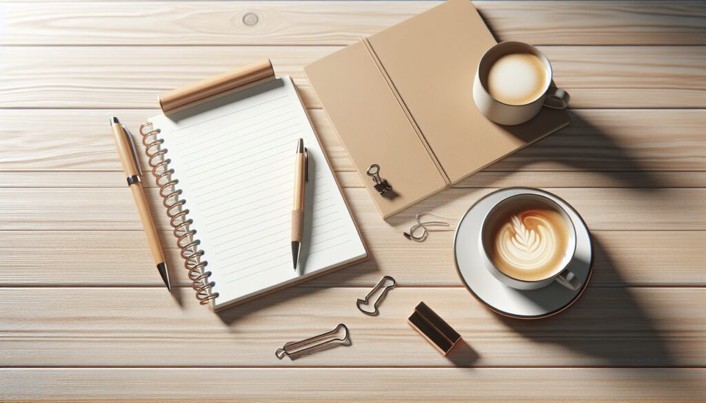 テーブルの上に置かれたノートとペン、傍には温かいコーヒーがある