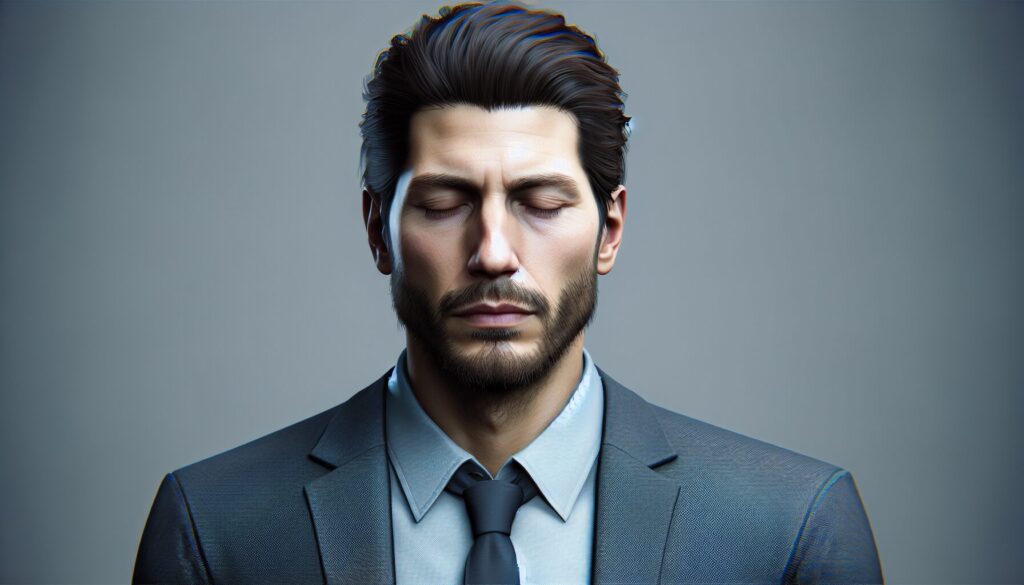 スーツを着た男性が目を閉じて集中している