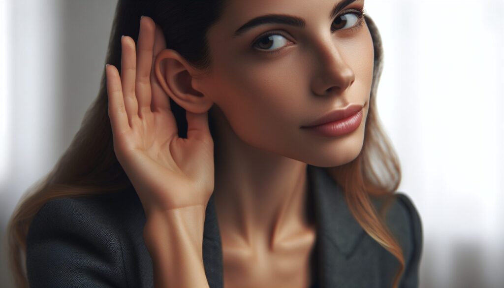 耳に手を当てて、聞くことに集中する女性