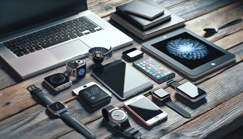 テーブルに雑然と置かれたスマートフォン、パソコン、スマートウォッチなどのデジタル機器