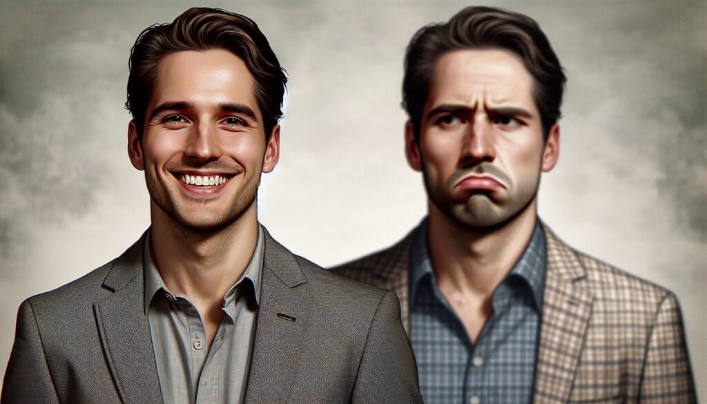 穏やかな笑顔を浮かべた男性と不機嫌そうな表情の男性が並んでいる