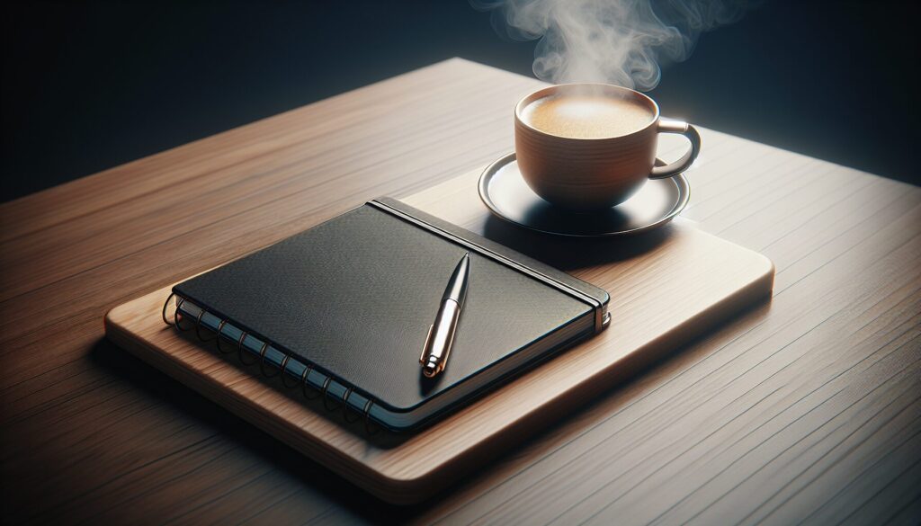 テーブルの上に置かれたノートとペン、傍には温かいコーヒーがある
