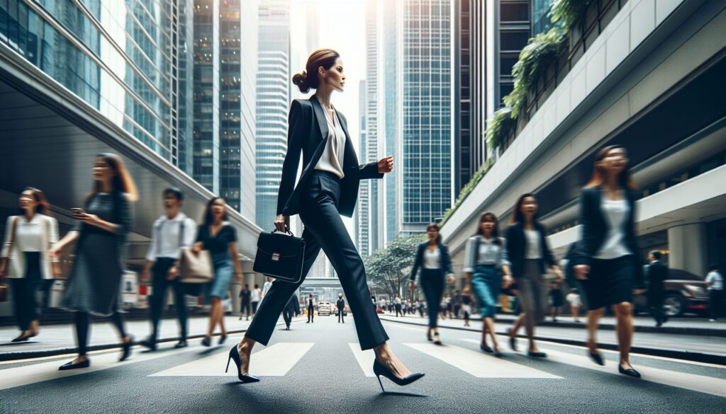 スーツを着て街中を歩く女性