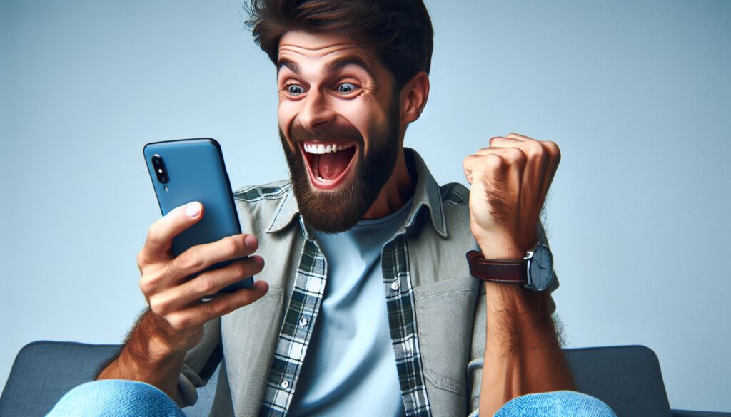 興奮した表情でスマートフォンを見ている男性