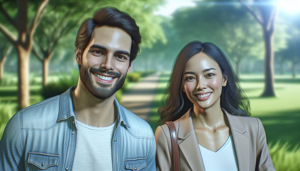 公園を笑顔で散歩する男女