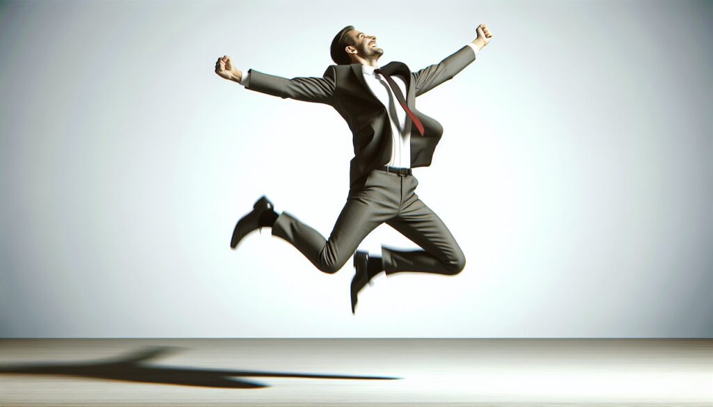 スーツを着た男性がジャンプする様子。ポジティブなイメージ。