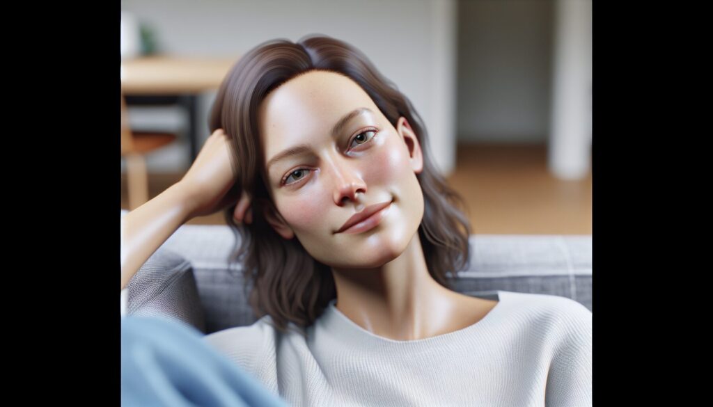 リラックスした表情でソファに腰掛けている女性