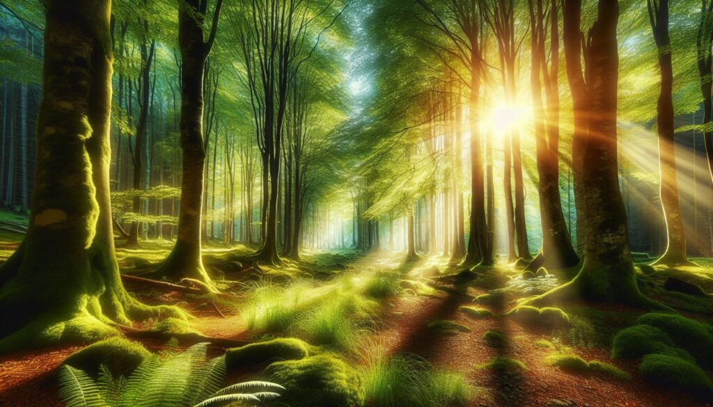 青々とした木々の隙間から輝く木漏れ日