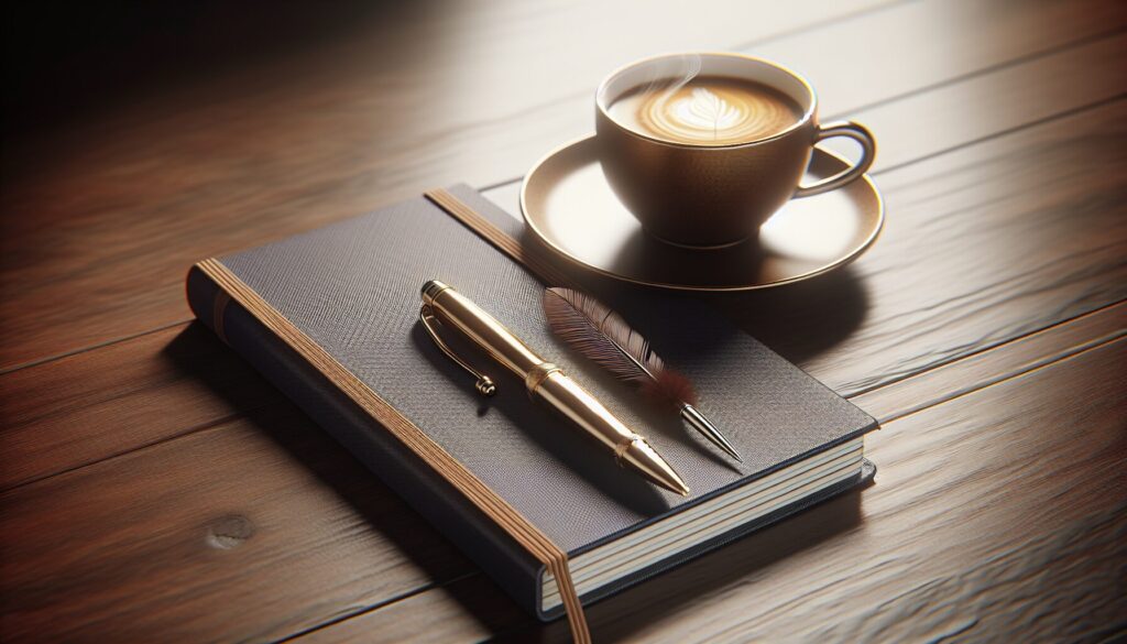 テーブルの上に置かれたノートとペン、傍には温かいコーヒーがある