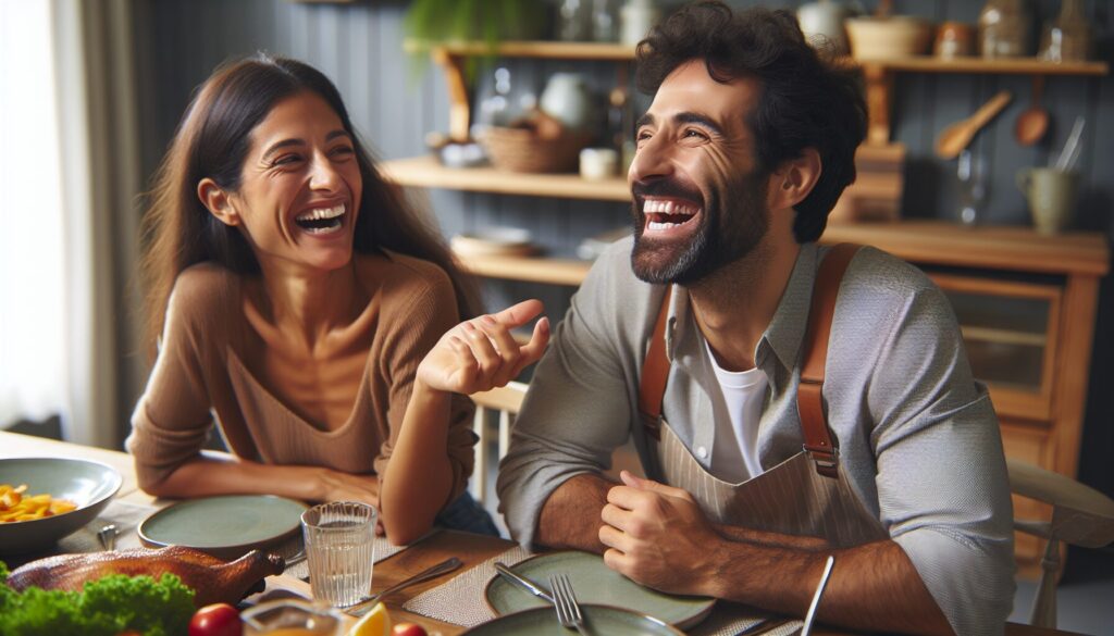 笑顔で食卓に座り、談笑する男女