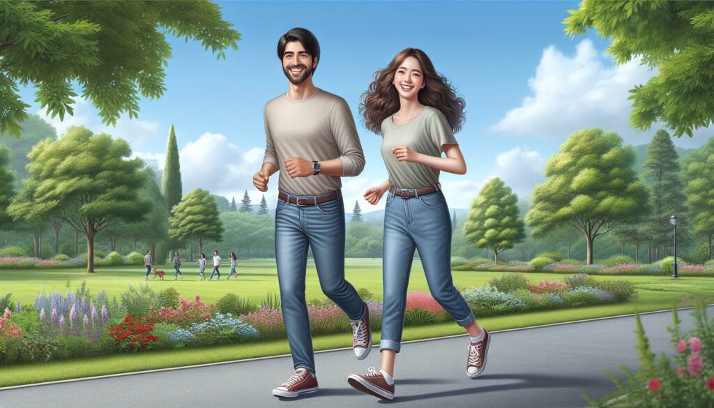 公園を笑顔で散歩する男女