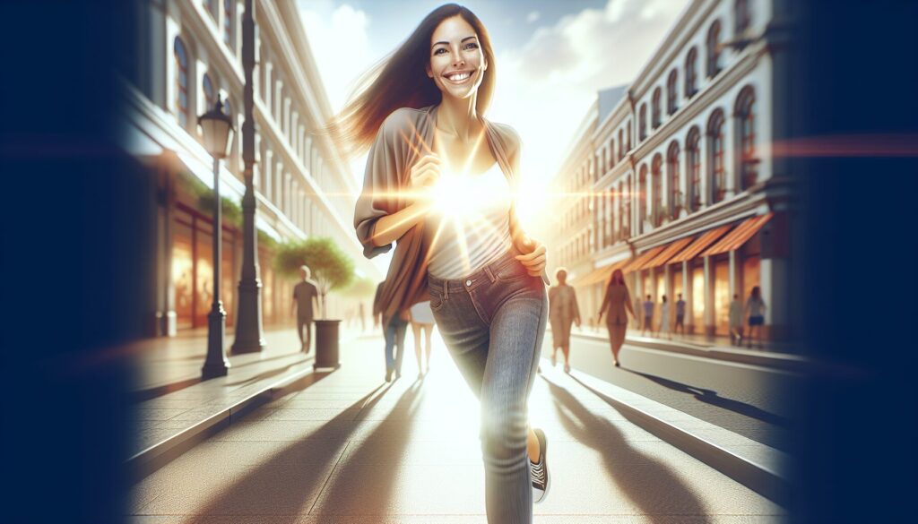 笑顔で街を歩く女性。ポジティブなイメージ