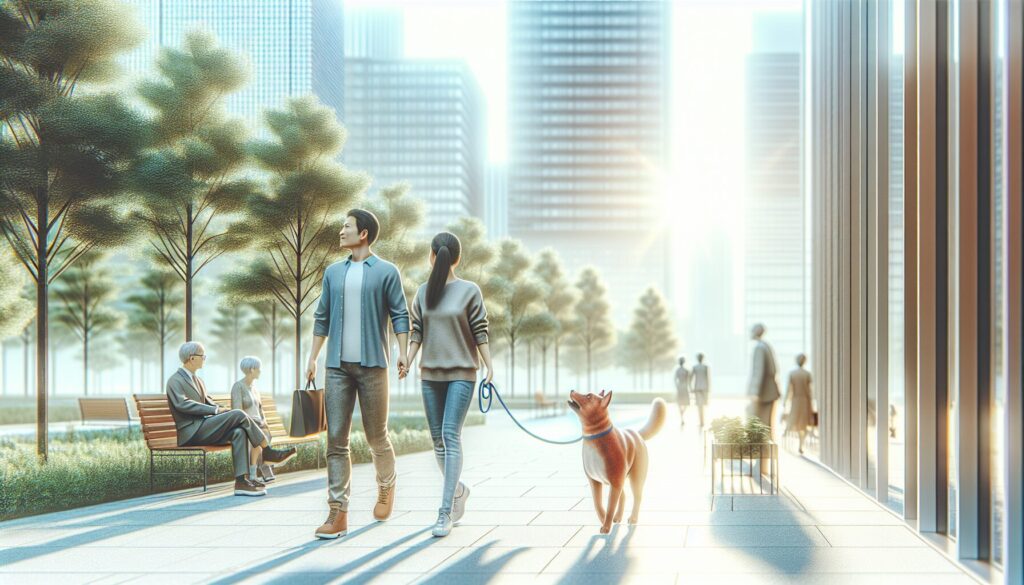 犬と都会の公園を散歩する男女。明るい雰囲気