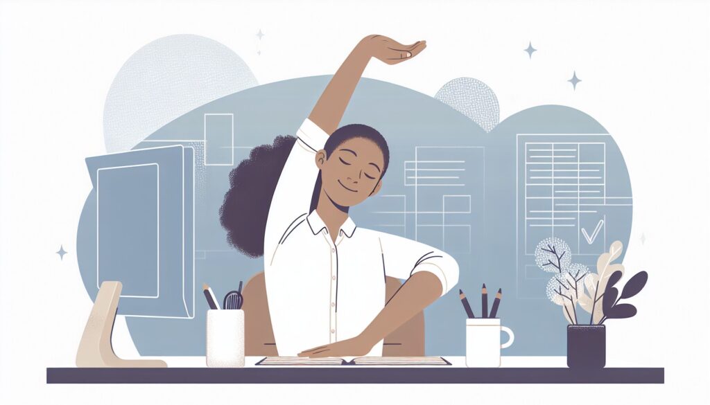 オフィスのデスクに座り、リラックスした表情で伸びをしている女性。ポジティブな雰囲気。