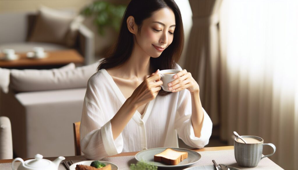 穏やかな表情で朝食をとる女性。落ち着いたインテリアの室内。