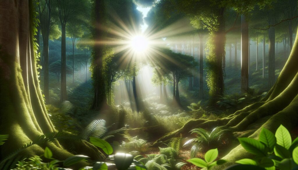 青々とした木々の隙間から輝く木漏れ日