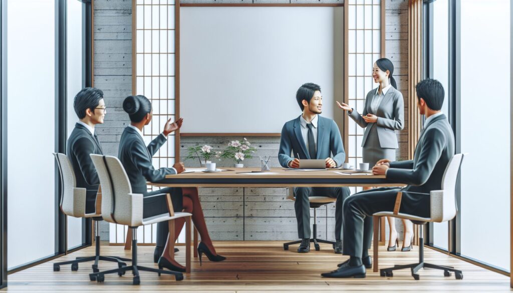 日本のオフィスの会議室で談笑する3人の男女