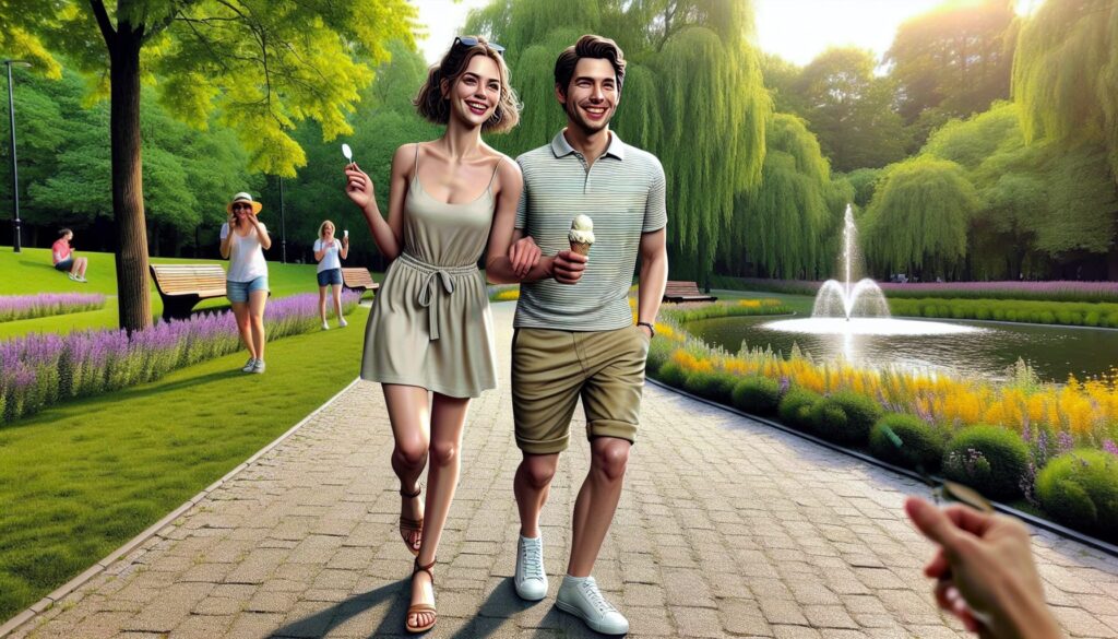 公園を笑顔で散歩する男女