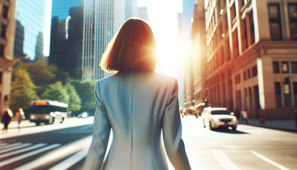 スーツを着て街中を歩く女性。明るいイメージ