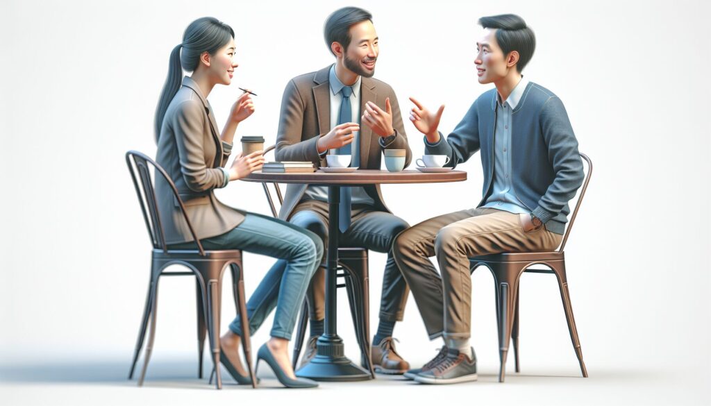 カフェで談笑するアジア系の男女3人